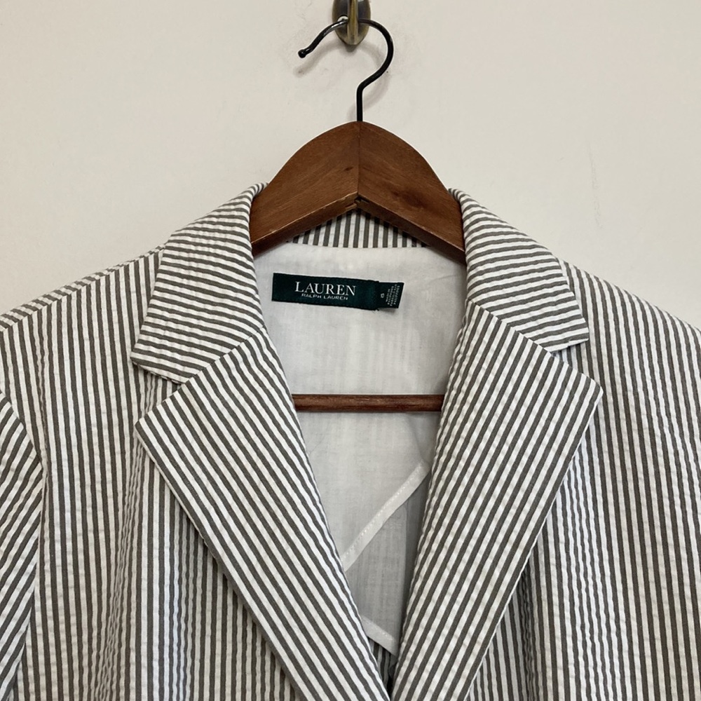 Lauren Ralph Lauren Blazer Womens 10 Gray White Seersucker Stripe Stretch Jacket - Picture 3 of 14